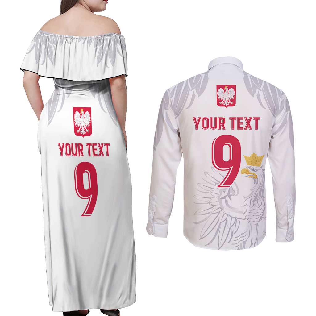 Custom Polish Football Jersey Couples Matching Off Shoulder Maxi Dress and Long Sleeve Button Shirt Polska Eagle Athletic Soccer - Wonder Print Shop