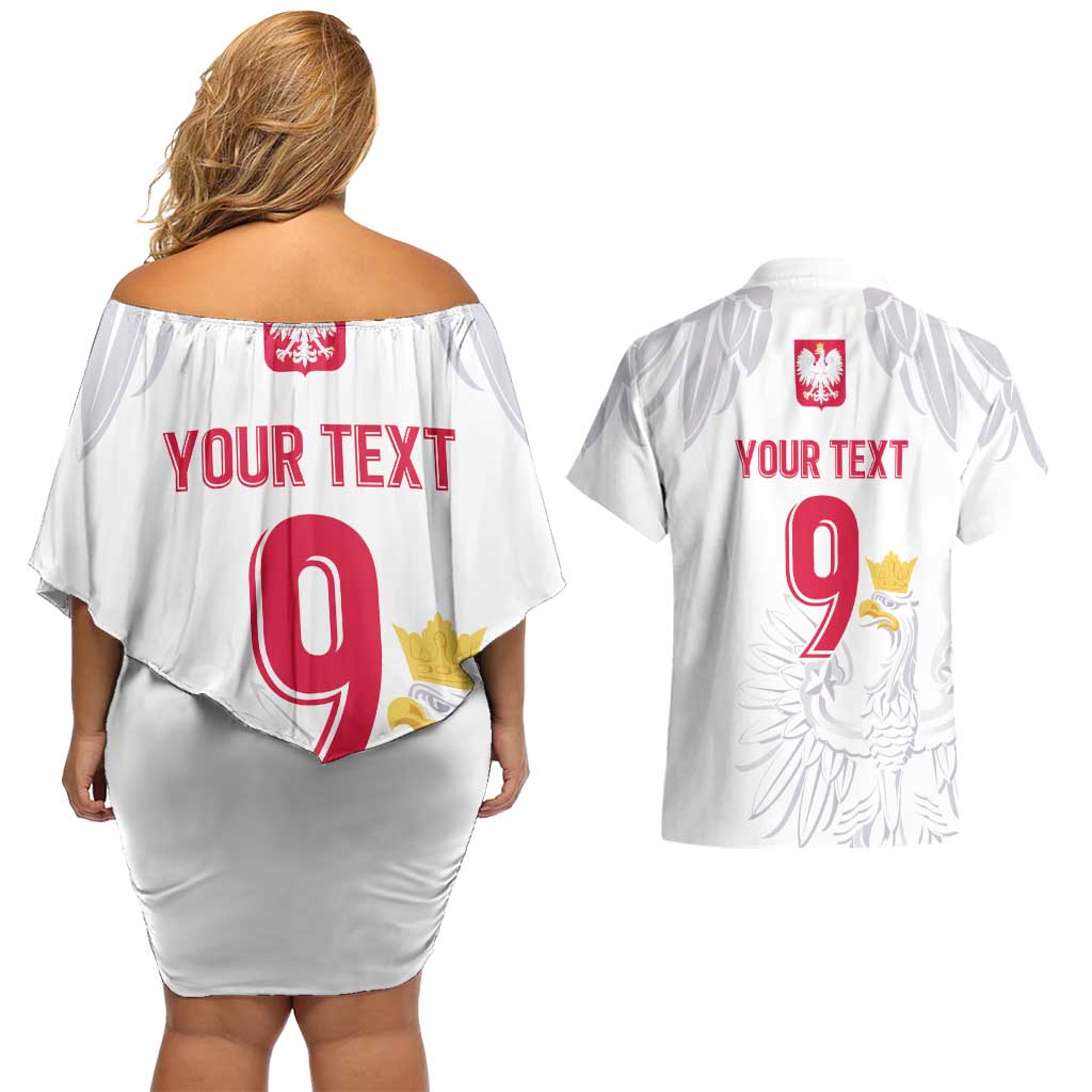 Custom Polish Football Jersey Couples Matching Off Shoulder Short Dress and Hawaiian Shirt Polska Eagle Athletic Soccer - Wonder Print Shop