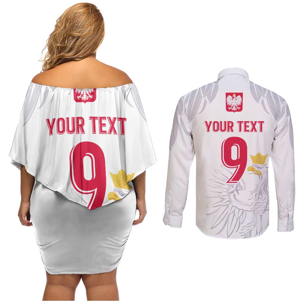 Custom Polish Football Jersey Couples Matching Off Shoulder Short Dress and Long Sleeve Button Shirt Polska Eagle Athletic Soccer - Wonder Print Shop
