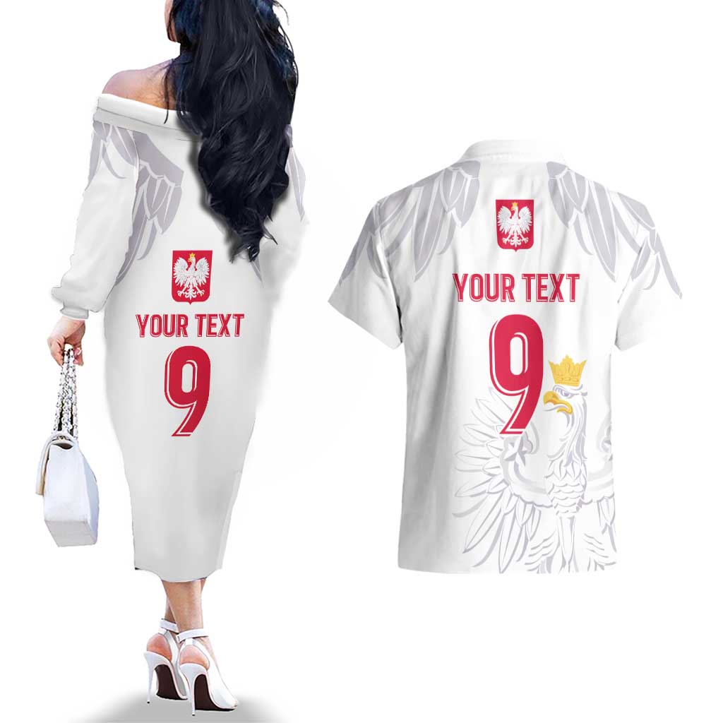 Custom Polish Football Jersey Couples Matching Off The Shoulder Long Sleeve Dress and Hawaiian Shirt Polska Eagle Athletic Soccer - Wonder Print Shop