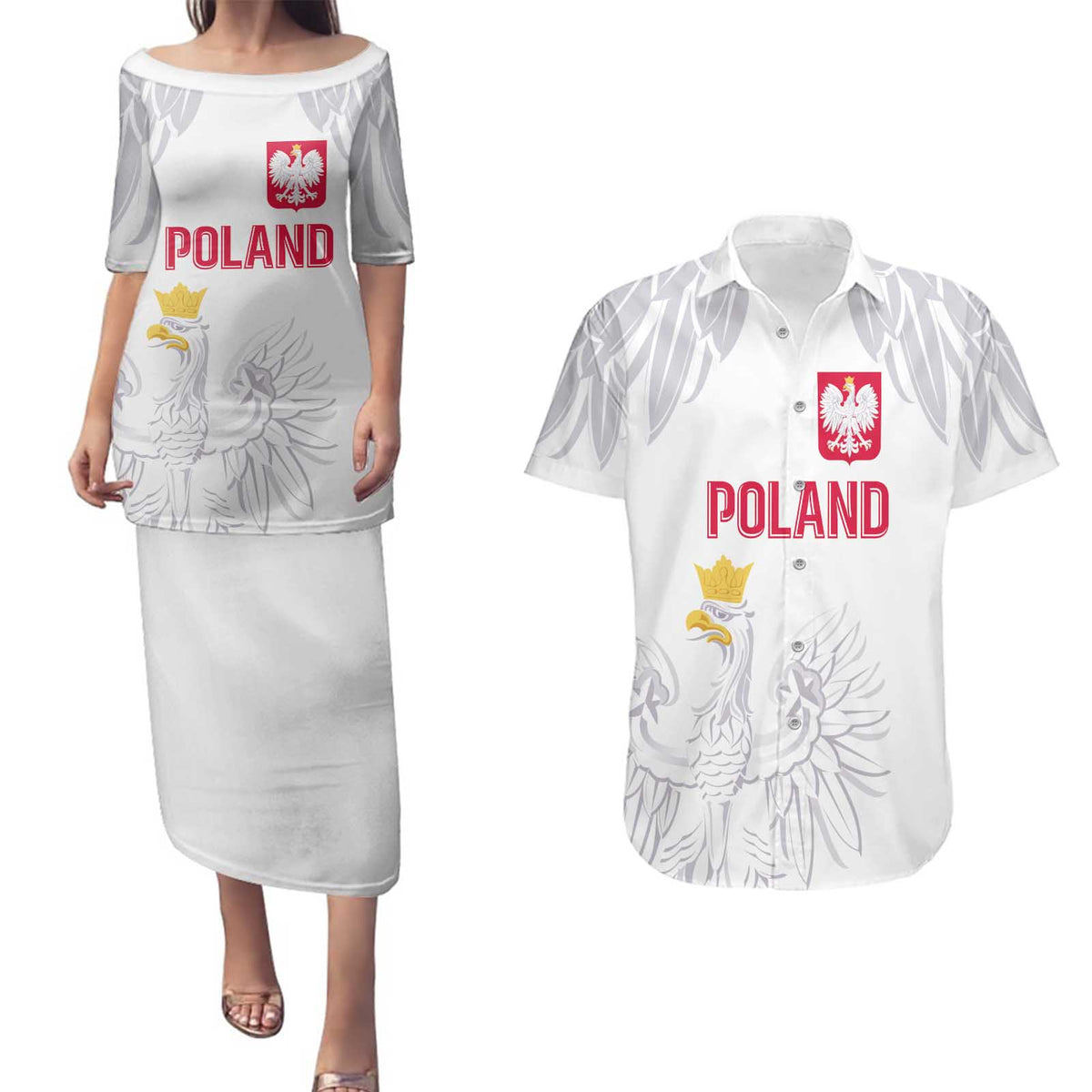 Custom Polish Football Jersey Couples Matching Puletasi and Hawaiian Shirt Polska Eagle Athletic Soccer - Wonder Print Shop