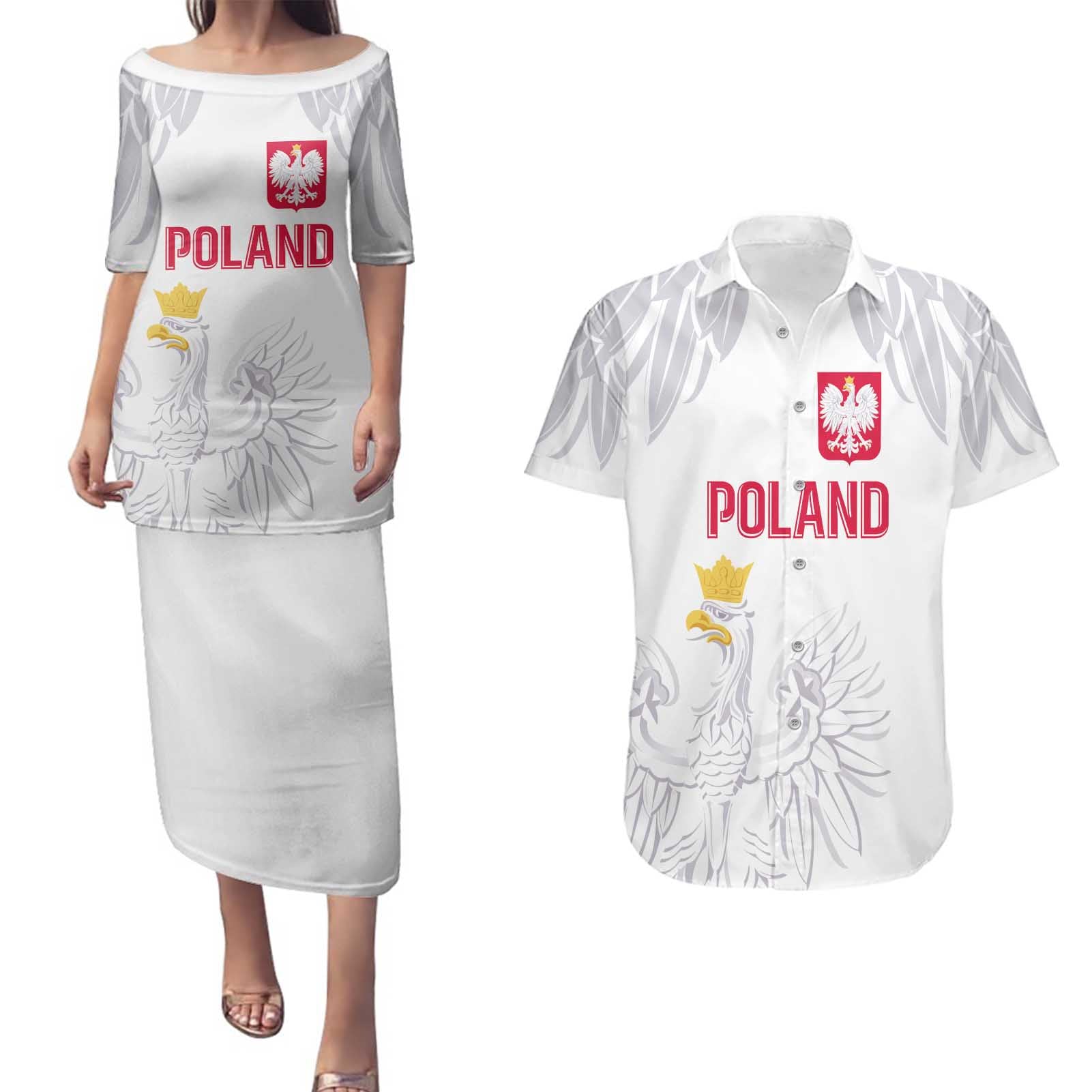 Custom Polish Football Jersey Couples Matching Puletasi and Hawaiian Shirt Polska Eagle Athletic Soccer - Wonder Print Shop