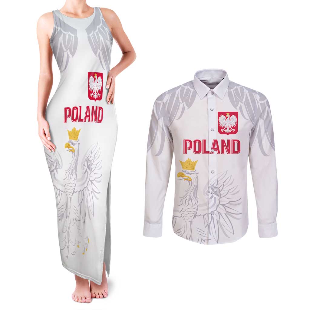 Custom Polish Football Jersey Couples Matching Tank Maxi Dress and Long Sleeve Button Shirt Polska Eagle Athletic Soccer - Wonder Print Shop