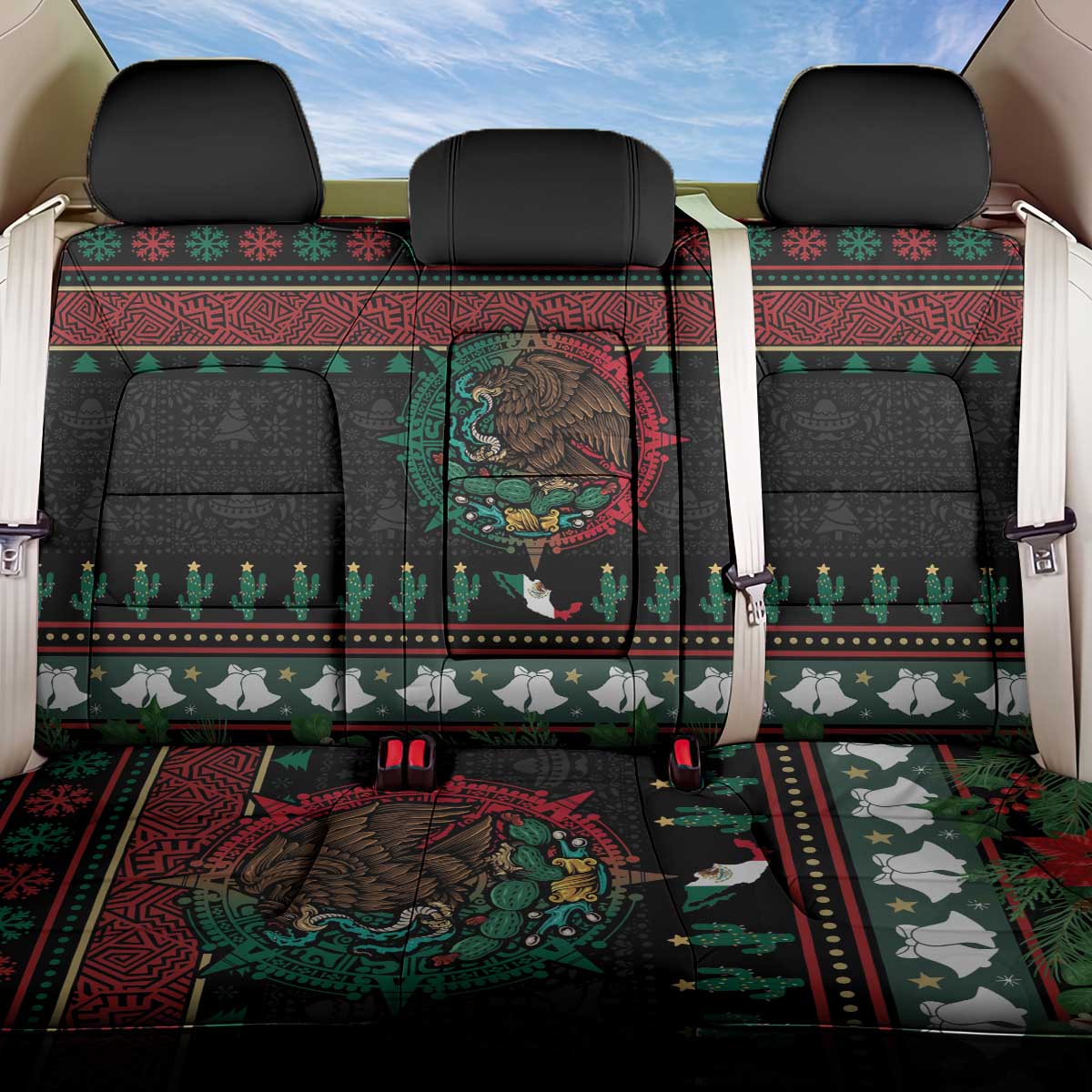 Mexican Christmas Back Car Seat Cover Feliz Navidad Aztec Eagle Emblem and Poinsettia - Wonder Print Shop