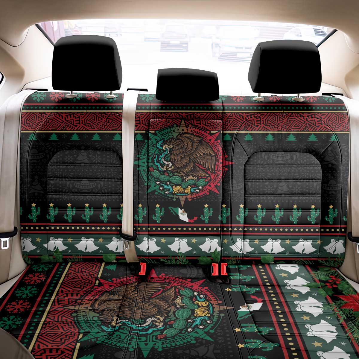 Mexican Christmas Back Car Seat Cover Feliz Navidad Aztec Eagle Emblem and Poinsettia - Wonder Print Shop
