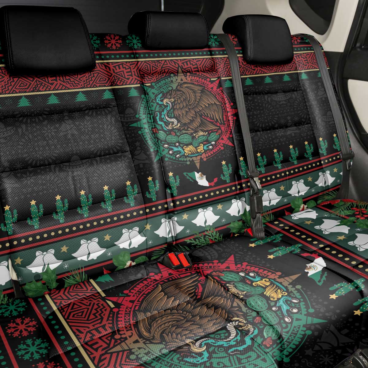 Mexican Christmas Back Car Seat Cover Feliz Navidad Aztec Eagle Emblem and Poinsettia - Wonder Print Shop