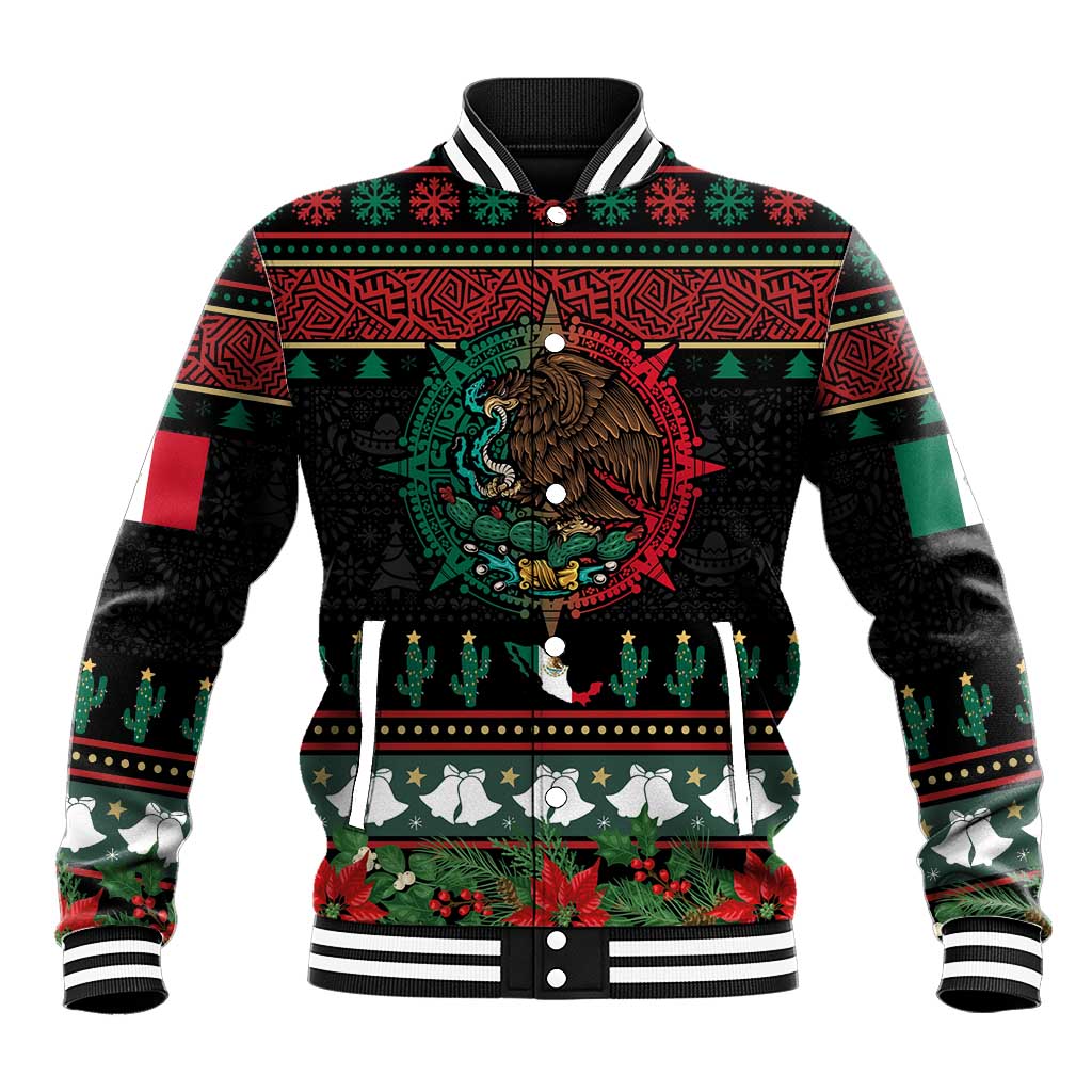 Mexican Christmas Baseball Jacket Feliz Navidad Aztec Eagle Emblem and Poinsettia - Wonder Print Shop