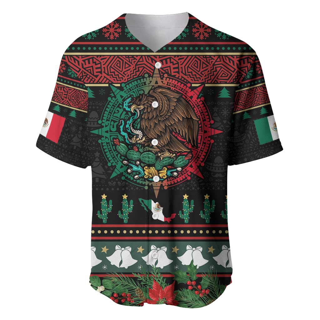 Mexican Christmas Baseball Jersey Feliz Navidad Aztec Eagle Emblem and Poinsettia - Wonder Print Shop
