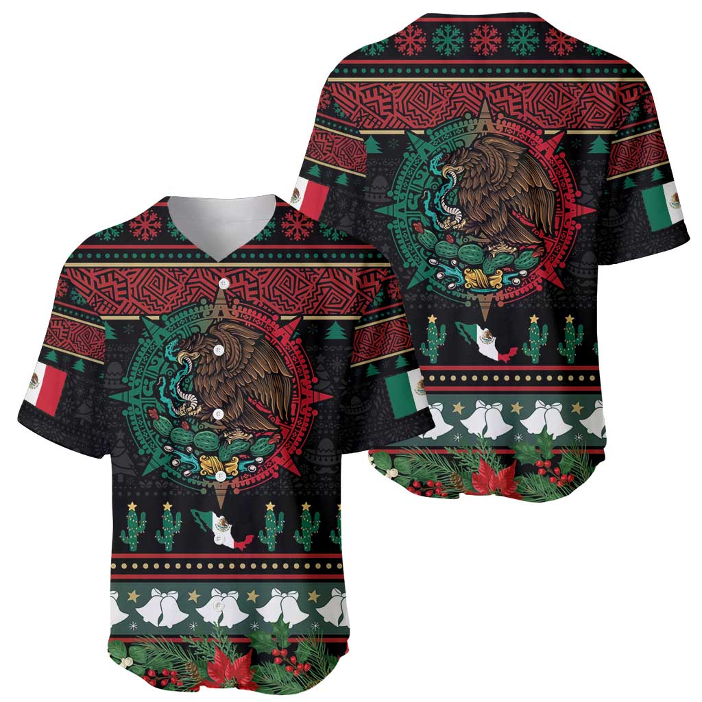 Mexican Christmas Baseball Jersey Feliz Navidad Aztec Eagle Emblem and Poinsettia - Wonder Print Shop