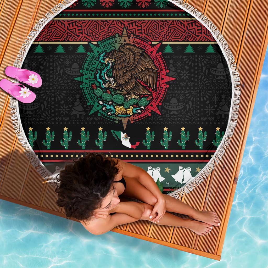 Mexican Christmas Beach Blanket Feliz Navidad Aztec Eagle Emblem and Poinsettia - Wonder Print Shop