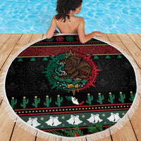 Mexican Christmas Beach Blanket Feliz Navidad Aztec Eagle Emblem and Poinsettia - Wonder Print Shop