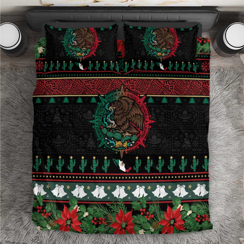 Mexican Christmas Bedding Set Feliz Navidad Aztec Eagle Emblem and Poinsettia - Wonder Print Shop
