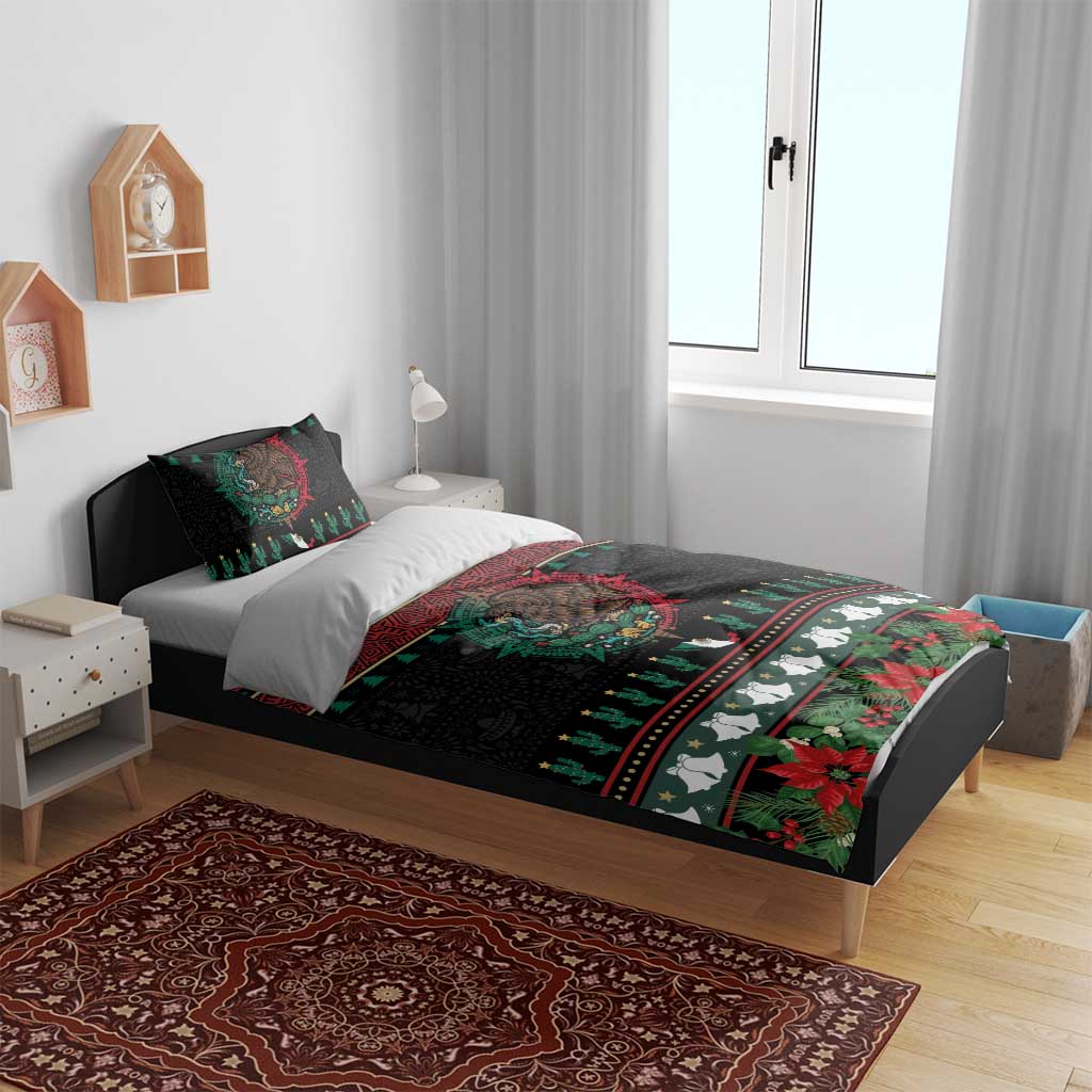 Mexican Christmas Bedding Set Feliz Navidad Aztec Eagle Emblem and Poinsettia - Wonder Print Shop