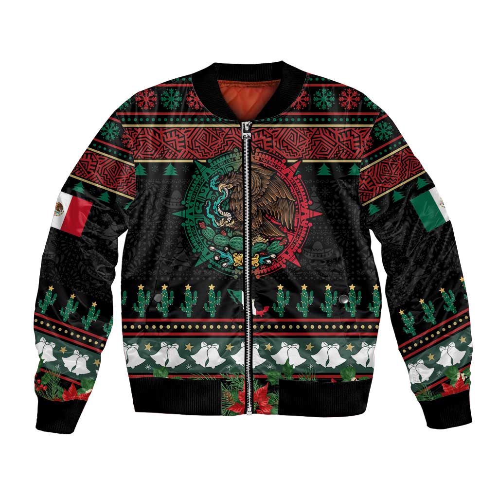 Mexican Christmas Bomber Jacket Feliz Navidad Aztec Eagle Emblem and Poinsettia - Wonder Print Shop