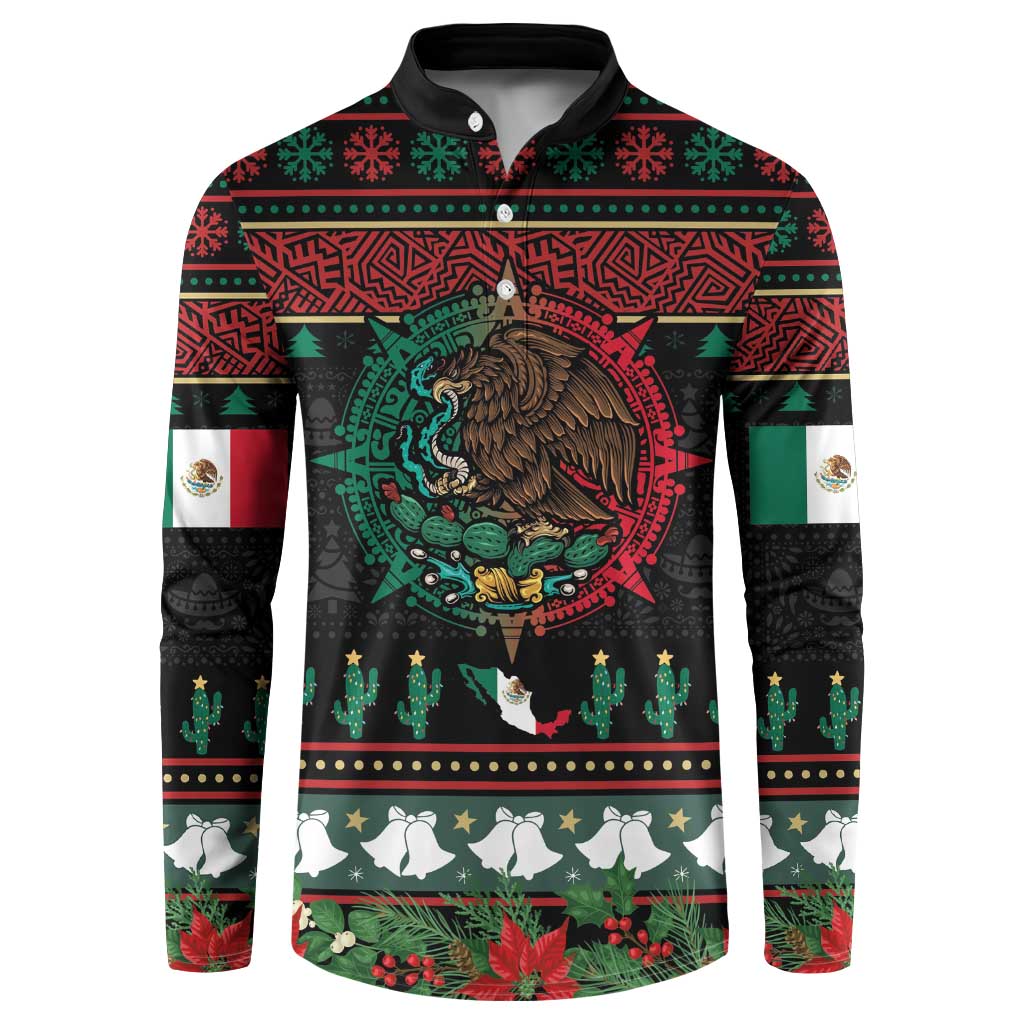 Mexican Christmas Button Sweatshirt Feliz Navidad Aztec Eagle Emblem and Poinsettia - Wonder Print Shop