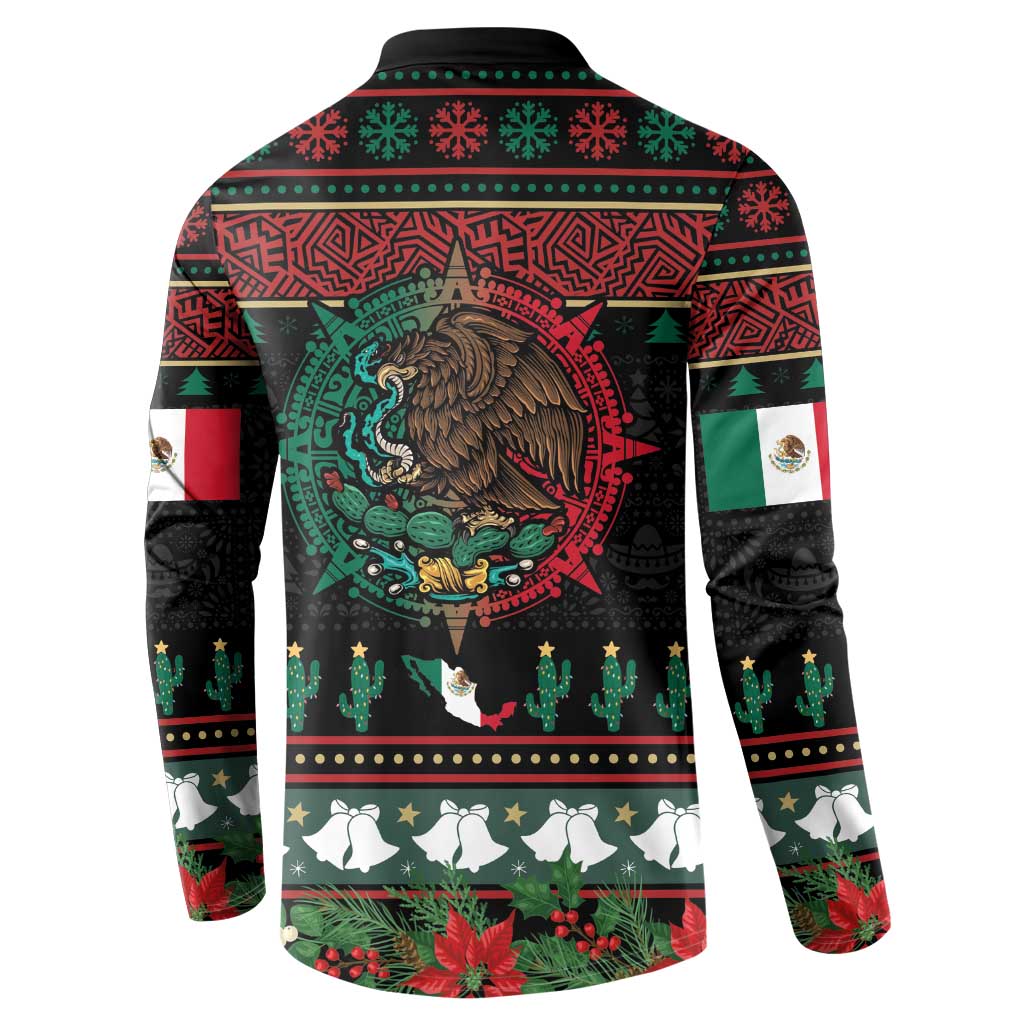 Mexican Christmas Button Sweatshirt Feliz Navidad Aztec Eagle Emblem and Poinsettia - Wonder Print Shop