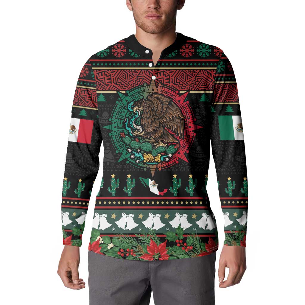 Mexican Christmas Button Sweatshirt Feliz Navidad Aztec Eagle Emblem and Poinsettia - Wonder Print Shop