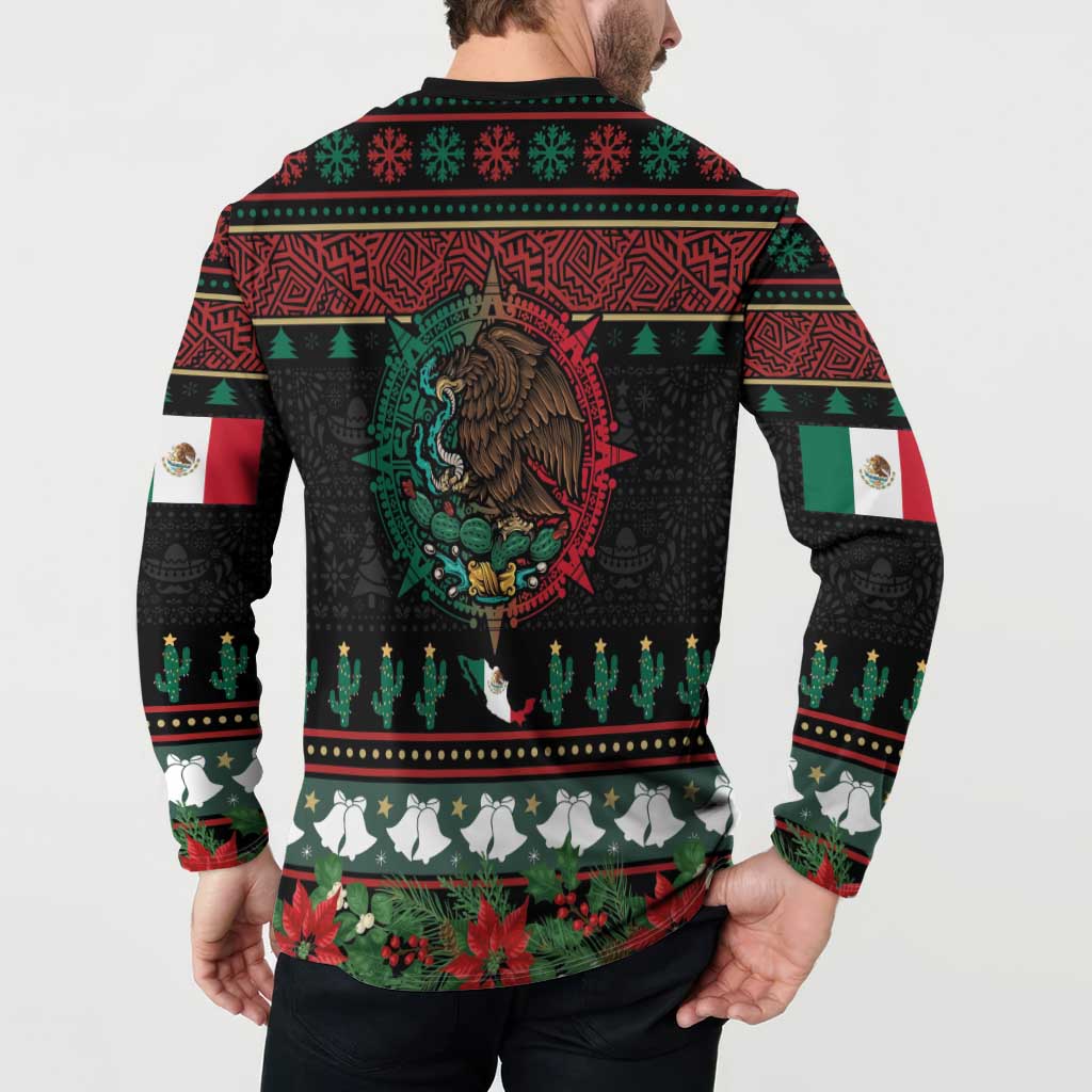 Mexican Christmas Button Sweatshirt Feliz Navidad Aztec Eagle Emblem and Poinsettia - Wonder Print Shop