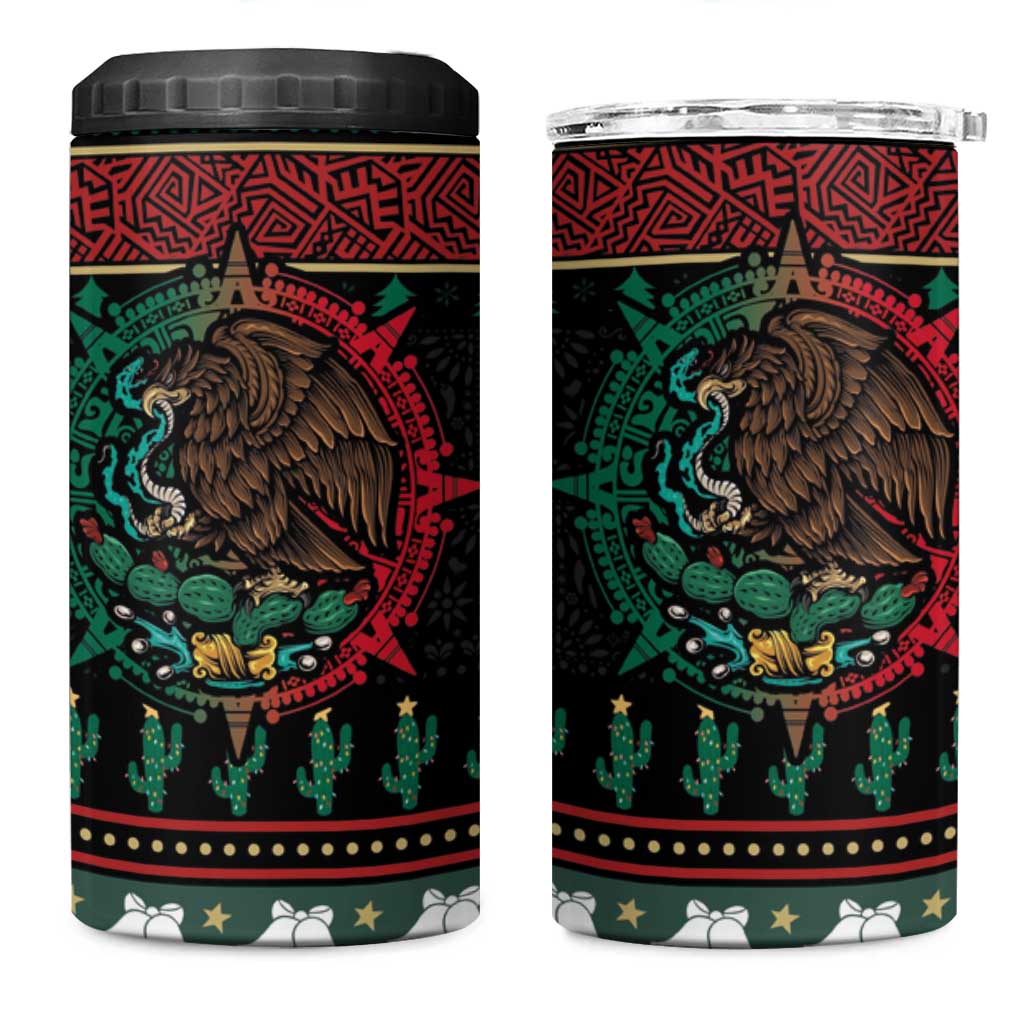 Mexican Christmas 4 in 1 Can Cooler Tumbler Feliz Navidad Aztec Eagle Emblem and Poinsettia - Wonder Print Shop