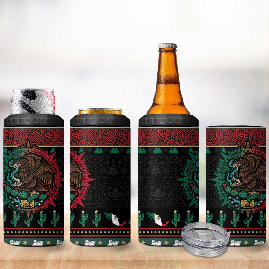 Mexican Christmas 4 in 1 Can Cooler Tumbler Feliz Navidad Aztec Eagle Emblem and Poinsettia - Wonder Print Shop