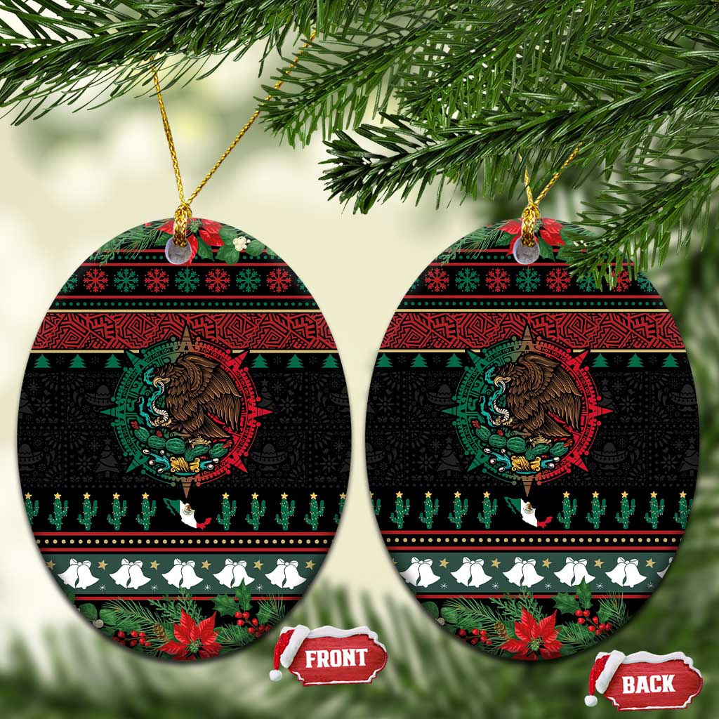 Mexican Christmas Ceramic Ornament Feliz Navidad Aztec Eagle Emblem and Poinsettia - Wonder Print Shop