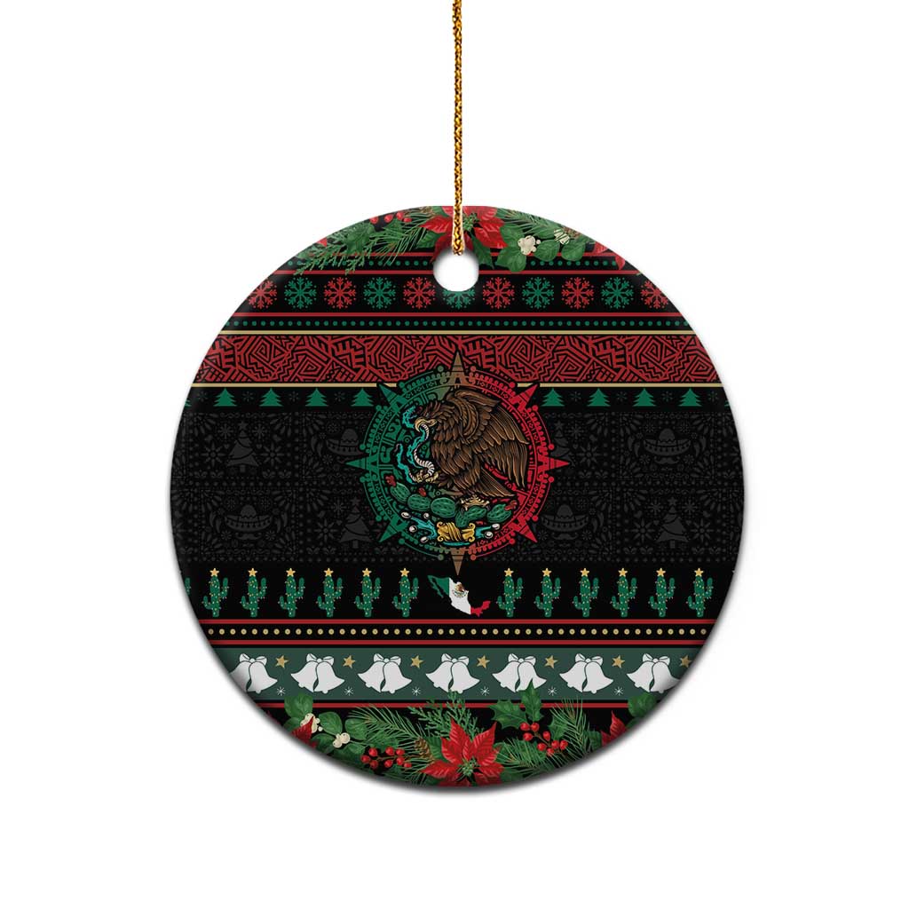 Mexican Christmas Ceramic Ornament Feliz Navidad Aztec Eagle Emblem and Poinsettia - Wonder Print Shop