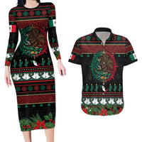 Mexican Christmas Couples Matching Long Sleeve Bodycon Dress and Hawaiian Shirt Feliz Navidad Aztec Eagle Emblem and Poinsettia - Wonder Print Shop