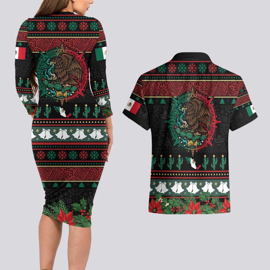 Mexican Christmas Couples Matching Long Sleeve Bodycon Dress and Hawaiian Shirt Feliz Navidad Aztec Eagle Emblem and Poinsettia - Wonder Print Shop