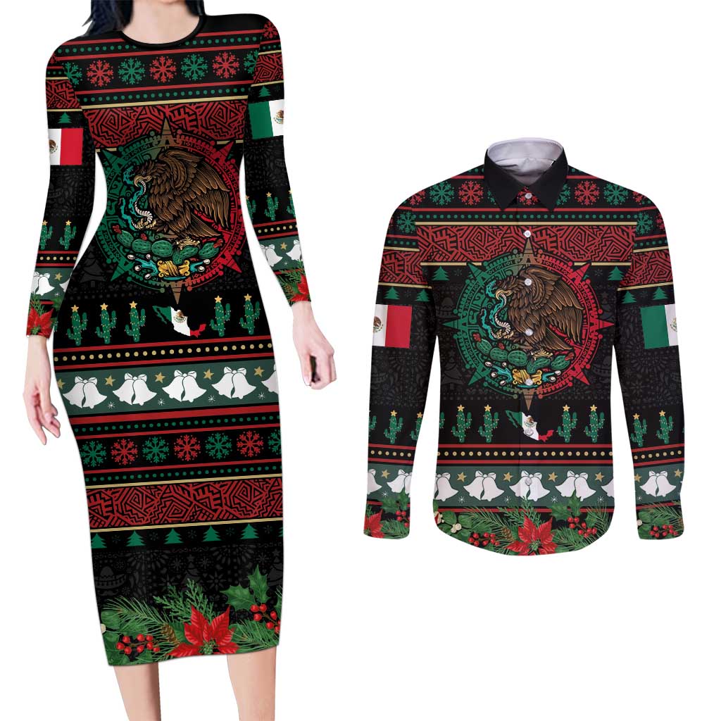 Mexican Christmas Couples Matching Long Sleeve Bodycon Dress and Long Sleeve Button Shirt Feliz Navidad Aztec Eagle Emblem and Poinsettia - Wonder Print Shop
