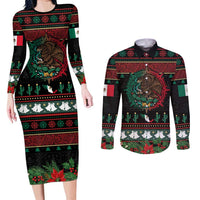 Mexican Christmas Couples Matching Long Sleeve Bodycon Dress and Long Sleeve Button Shirt Feliz Navidad Aztec Eagle Emblem and Poinsettia - Wonder Print Shop