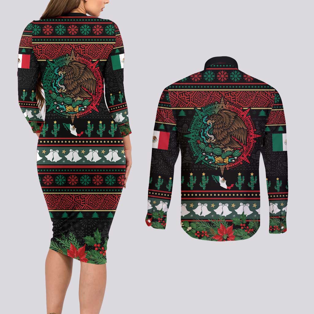 Mexican Christmas Couples Matching Long Sleeve Bodycon Dress and Long Sleeve Button Shirt Feliz Navidad Aztec Eagle Emblem and Poinsettia - Wonder Print Shop