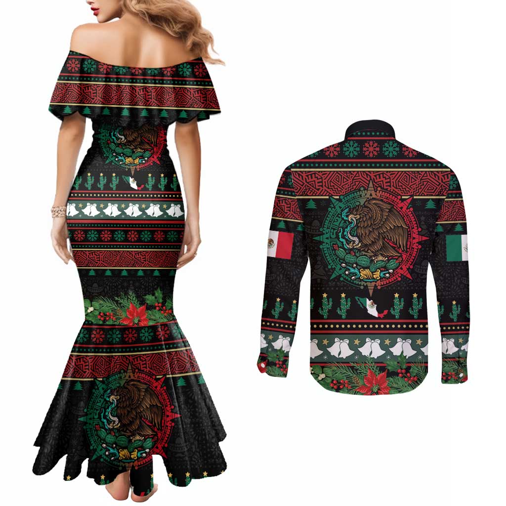 Mexican Christmas Couples Matching Mermaid Dress and Long Sleeve Button Shirt Feliz Navidad Aztec Eagle Emblem and Poinsettia