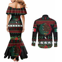 Mexican Christmas Couples Matching Mermaid Dress and Long Sleeve Button Shirt Feliz Navidad Aztec Eagle Emblem and Poinsettia