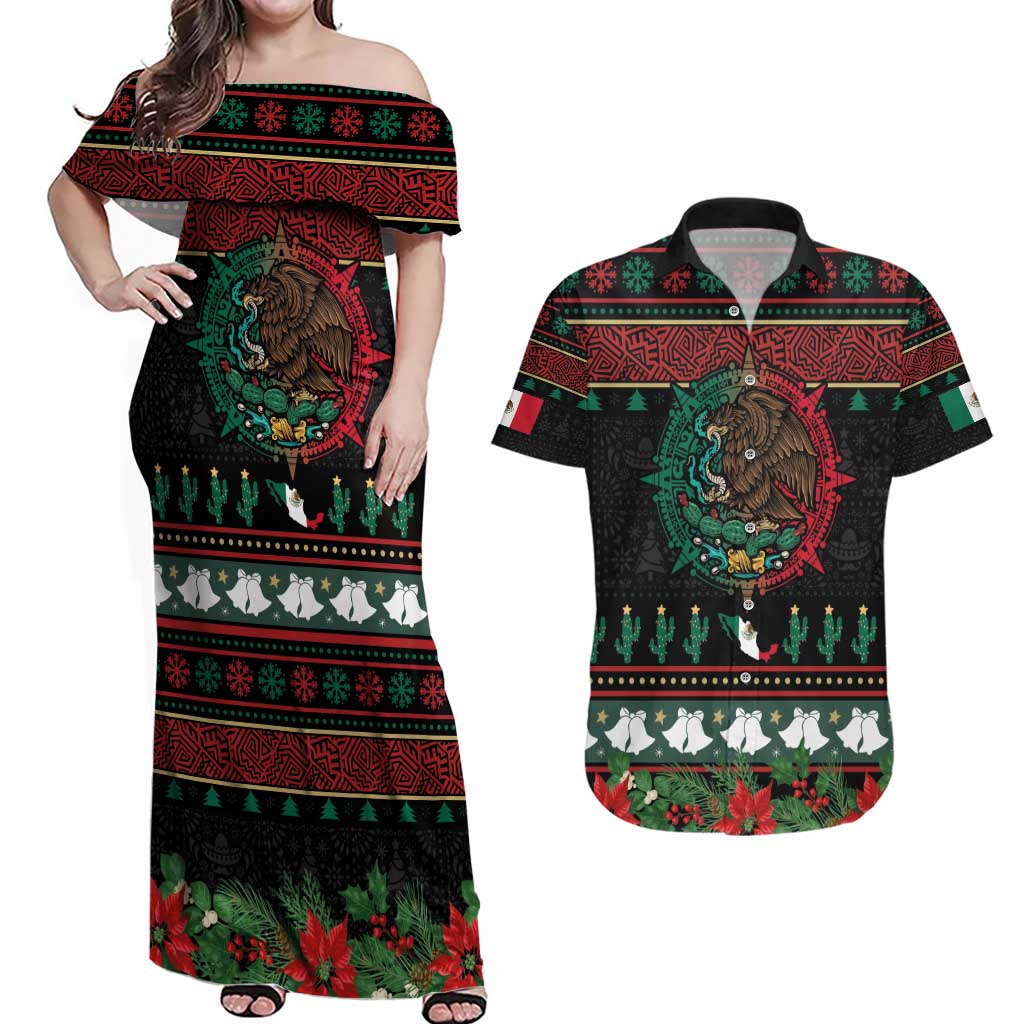 Mexican Christmas Couples Matching Off Shoulder Maxi Dress and Hawaiian Shirt Feliz Navidad Aztec Eagle Emblem and Poinsettia - Wonder Print Shop