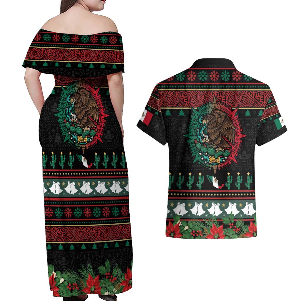 Mexican Christmas Couples Matching Off Shoulder Maxi Dress and Hawaiian Shirt Feliz Navidad Aztec Eagle Emblem and Poinsettia - Wonder Print Shop