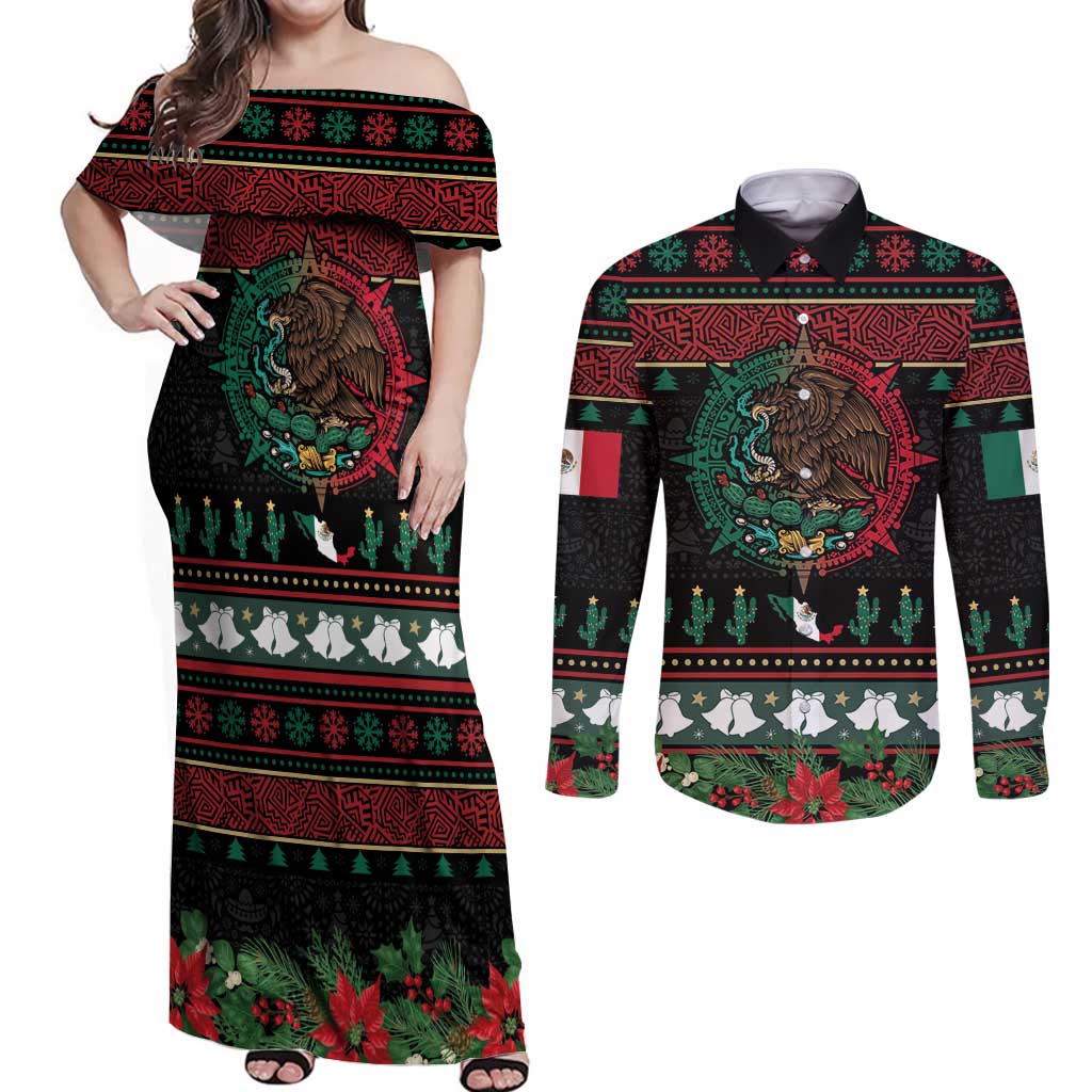 Mexican Christmas Couples Matching Off Shoulder Maxi Dress and Long Sleeve Button Shirt Feliz Navidad Aztec Eagle Emblem and Poinsettia - Wonder Print Shop