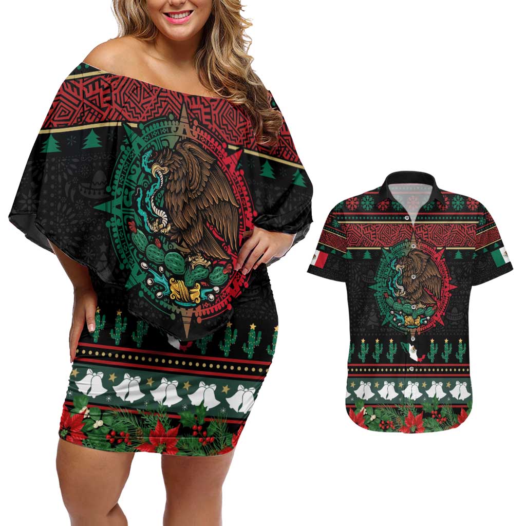 Mexican Christmas Couples Matching Off Shoulder Short Dress and Hawaiian Shirt Feliz Navidad Aztec Eagle Emblem and Poinsettia - Wonder Print Shop
