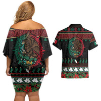 Mexican Christmas Couples Matching Off Shoulder Short Dress and Hawaiian Shirt Feliz Navidad Aztec Eagle Emblem and Poinsettia - Wonder Print Shop
