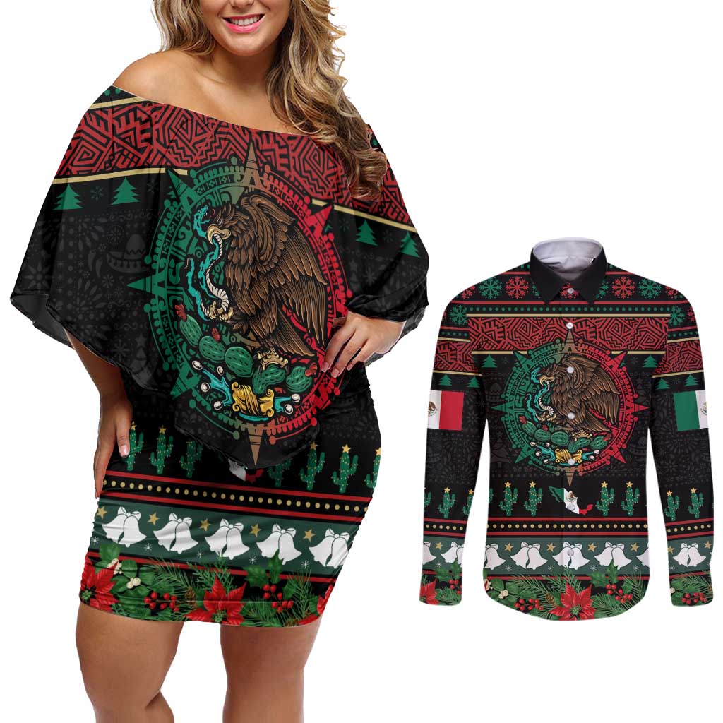 Mexican Christmas Couples Matching Off Shoulder Short Dress and Long Sleeve Button Shirt Feliz Navidad Aztec Eagle Emblem and Poinsettia - Wonder Print Shop