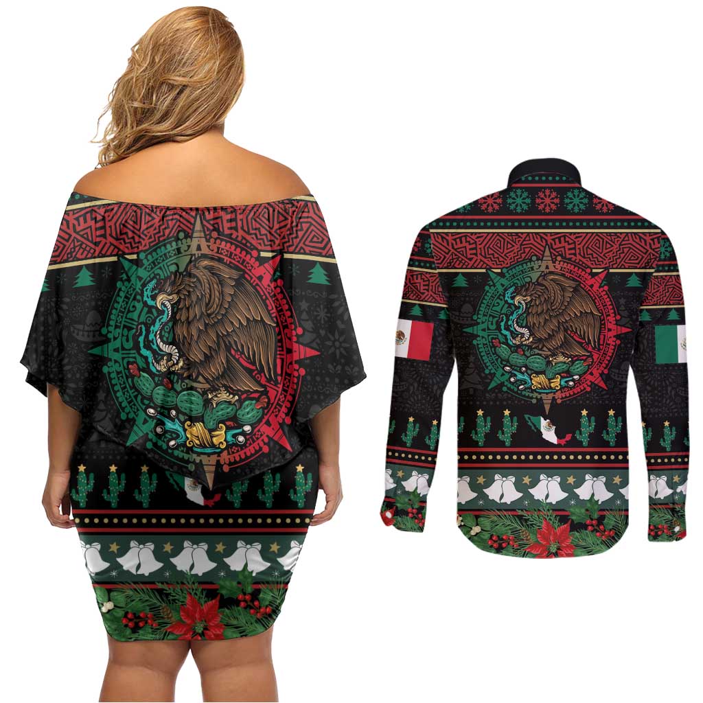 Mexican Christmas Couples Matching Off Shoulder Short Dress and Long Sleeve Button Shirt Feliz Navidad Aztec Eagle Emblem and Poinsettia - Wonder Print Shop