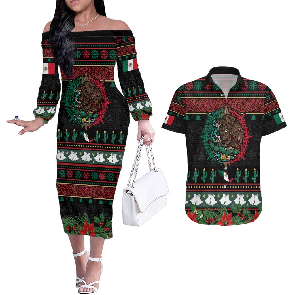 Mexican Christmas Couples Matching Off The Shoulder Long Sleeve Dress and Hawaiian Shirt Feliz Navidad Aztec Eagle Emblem and Poinsettia - Wonder Print Shop