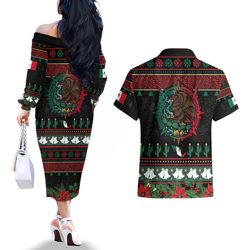 Mexican Christmas Couples Matching Off The Shoulder Long Sleeve Dress and Hawaiian Shirt Feliz Navidad Aztec Eagle Emblem and Poinsettia - Wonder Print Shop