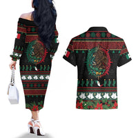 Mexican Christmas Couples Matching Off The Shoulder Long Sleeve Dress and Hawaiian Shirt Feliz Navidad Aztec Eagle Emblem and Poinsettia - Wonder Print Shop