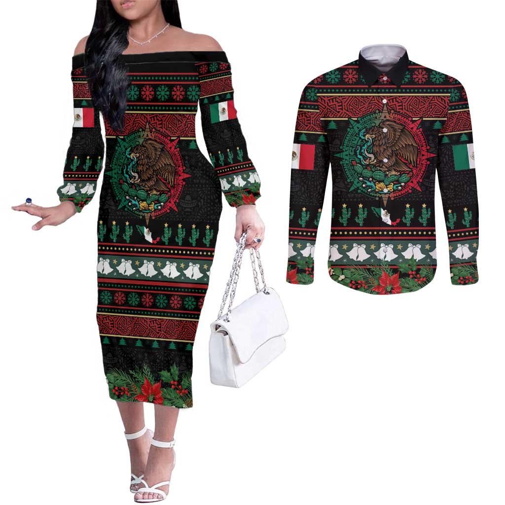 Mexican Christmas Couples Matching Off The Shoulder Long Sleeve Dress and Long Sleeve Button Shirt Feliz Navidad Aztec Eagle Emblem and Poinsettia