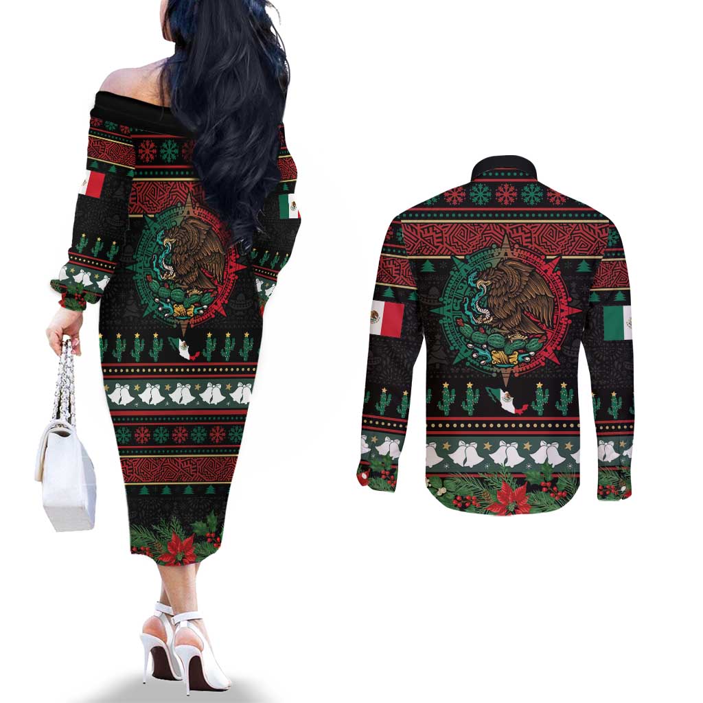 Mexican Christmas Couples Matching Off The Shoulder Long Sleeve Dress and Long Sleeve Button Shirt Feliz Navidad Aztec Eagle Emblem and Poinsettia