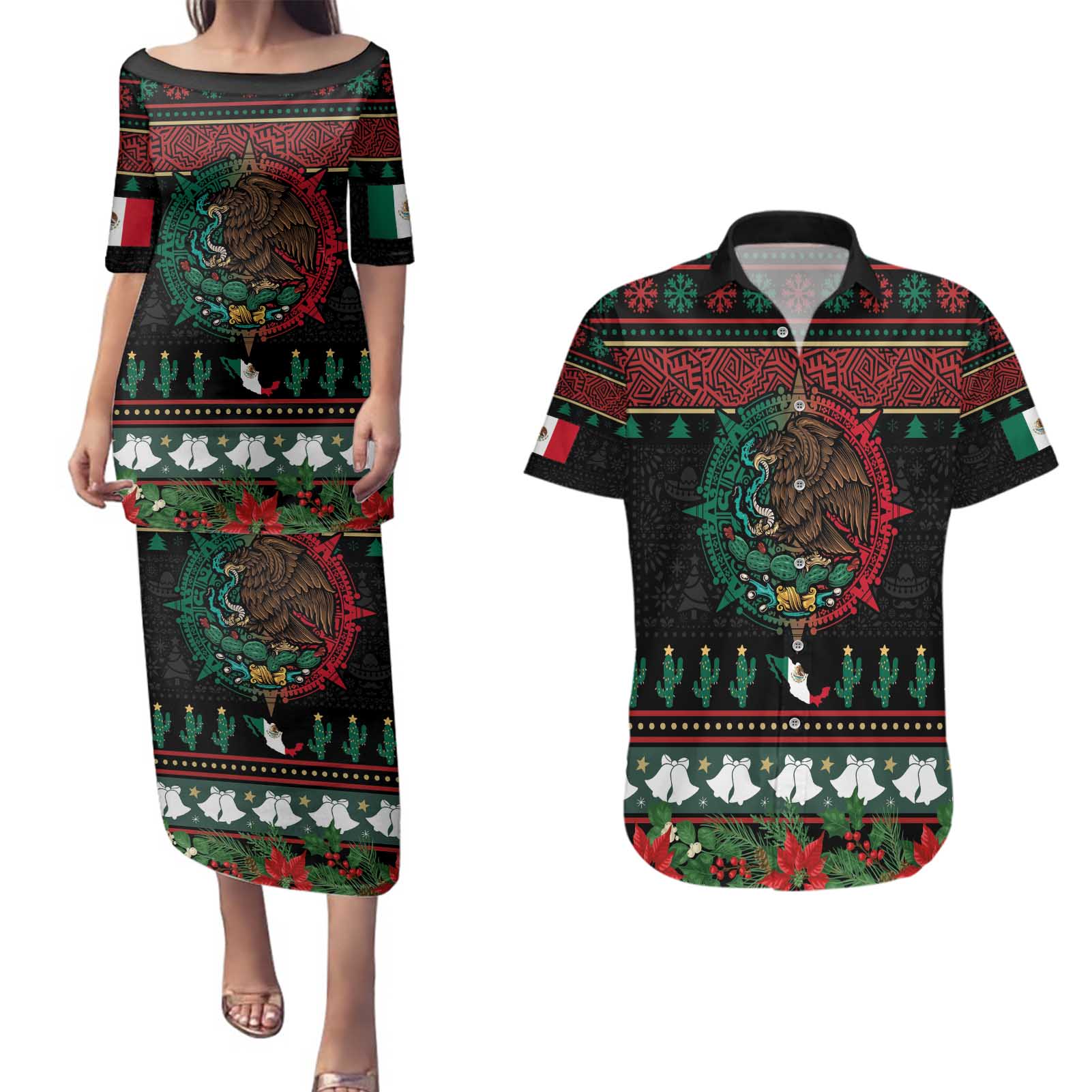 Mexican Christmas Couples Matching Puletasi and Hawaiian Shirt Feliz Navidad Aztec Eagle Emblem and Poinsettia - Wonder Print Shop