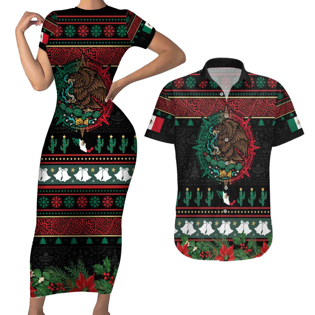 Mexican Christmas Couples Matching Short Sleeve Bodycon Dress and Hawaiian Shirt Feliz Navidad Aztec Eagle Emblem and Poinsettia - Wonder Print Shop