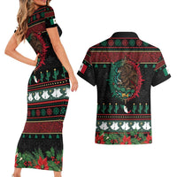 Mexican Christmas Couples Matching Short Sleeve Bodycon Dress and Hawaiian Shirt Feliz Navidad Aztec Eagle Emblem and Poinsettia - Wonder Print Shop