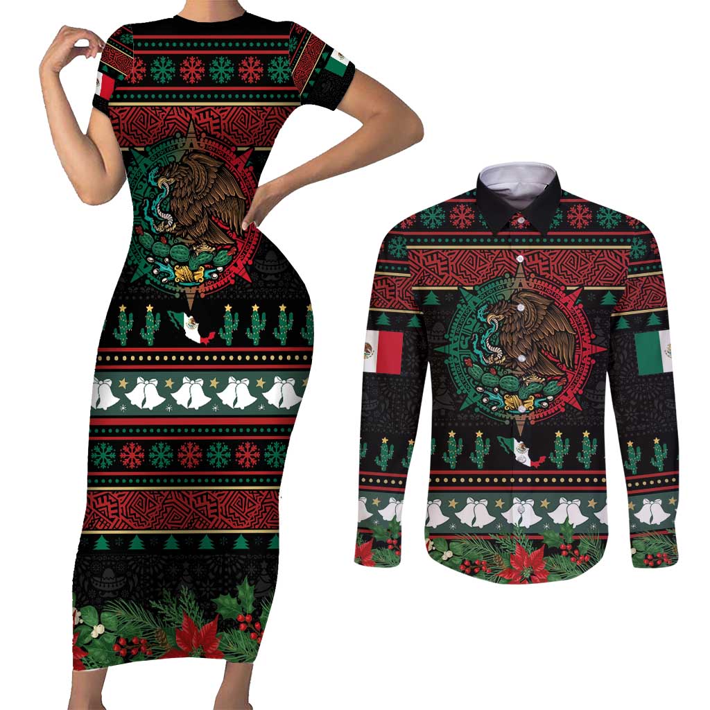 Mexican Christmas Couples Matching Short Sleeve Bodycon Dress and Long Sleeve Button Shirt Feliz Navidad Aztec Eagle Emblem and Poinsettia - Wonder Print Shop