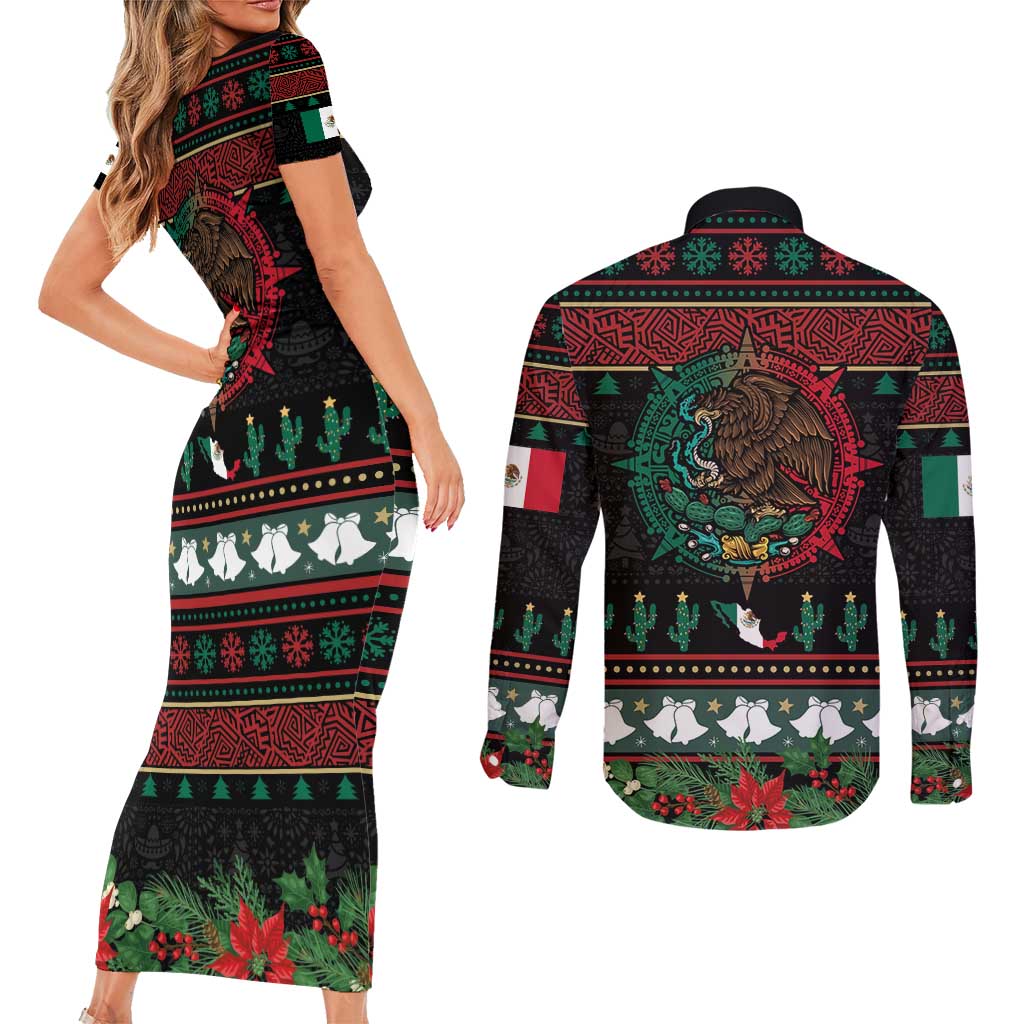 Mexican Christmas Couples Matching Short Sleeve Bodycon Dress and Long Sleeve Button Shirt Feliz Navidad Aztec Eagle Emblem and Poinsettia - Wonder Print Shop